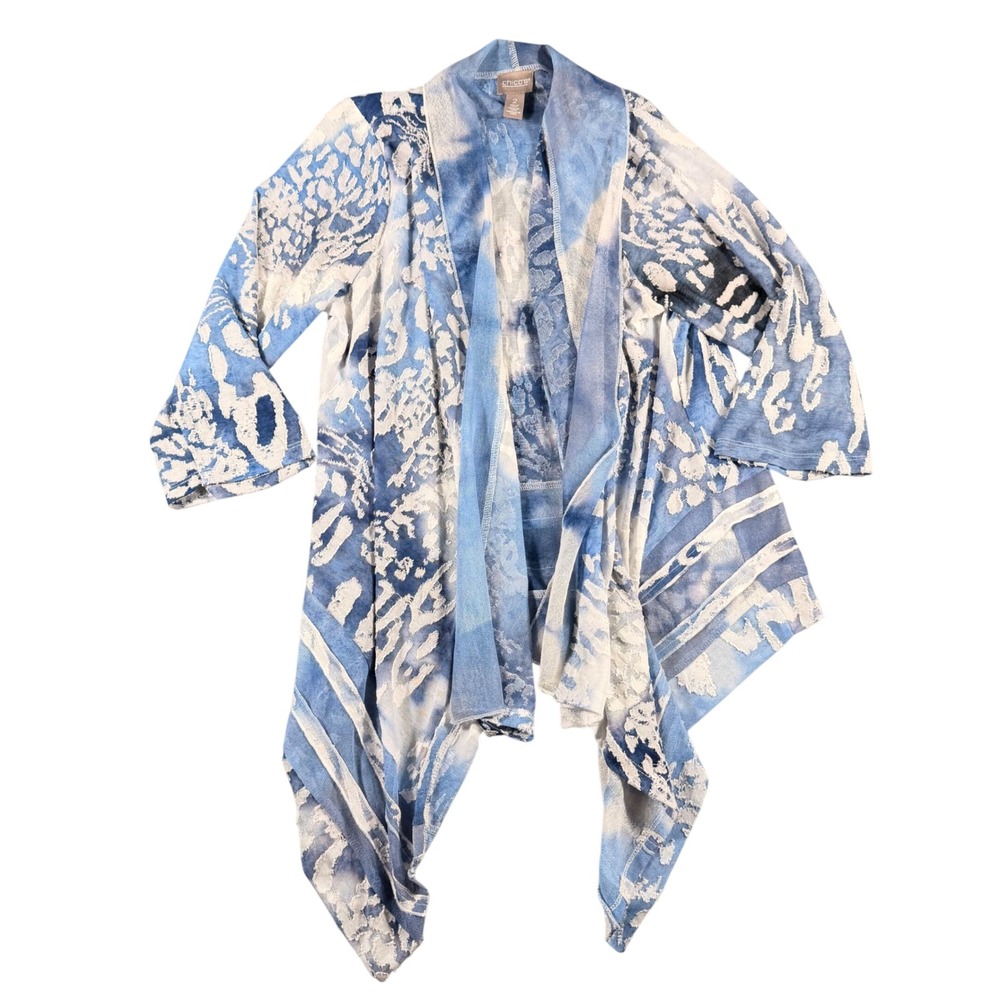 Chicos‎ Blue White Burnout Open Front Cardigan Draped Sharkbite Hem Size 2 L